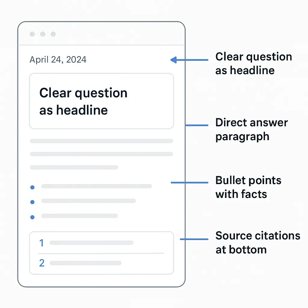 Content structure best practices for AI extraction: question-first headers, verifiable factual statements, and clear source attribution that AI engines can cite confidently
