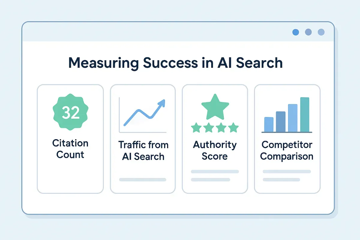 AI search performance metrics: citation tracking dashboard showing citation frequency, referral traffic quality, and competitive share-of-voice across AI engines
